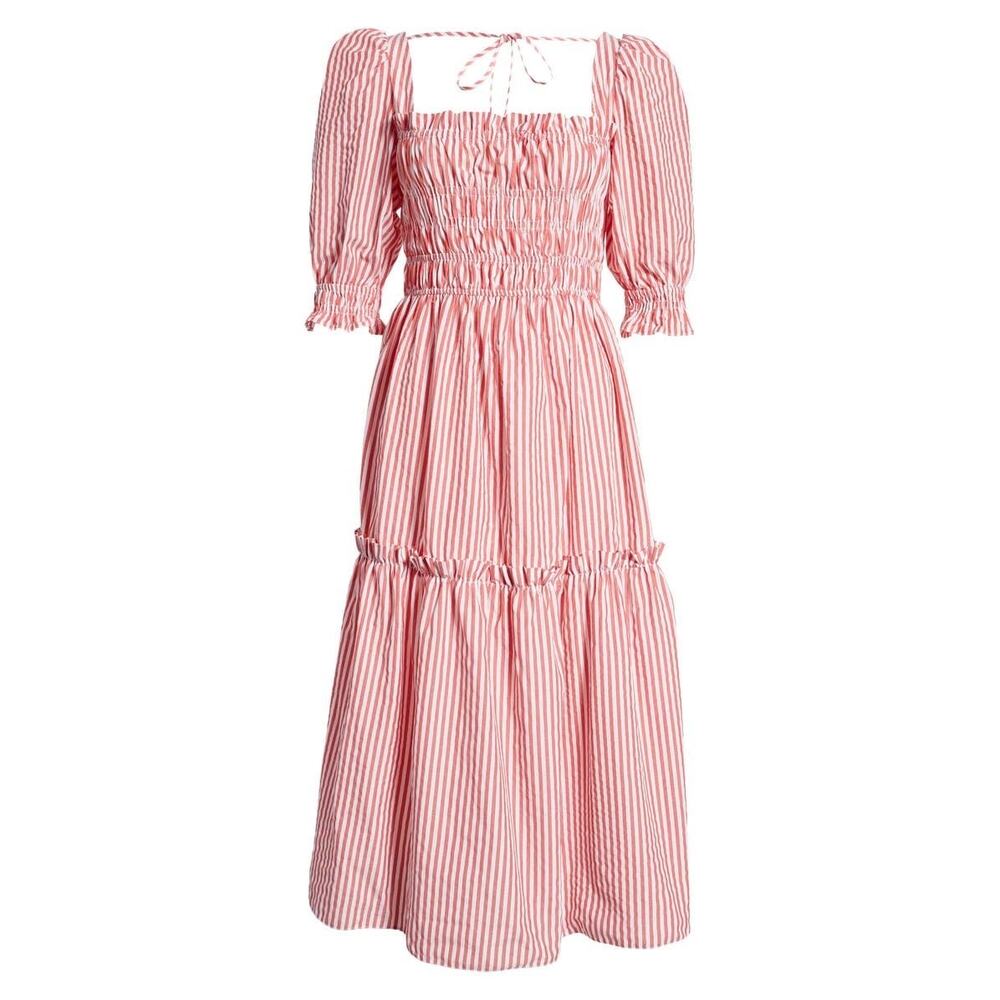 TOPSHOP Striped Poplin Tiered Midi Dress In Red Size 8 Smocked A Line